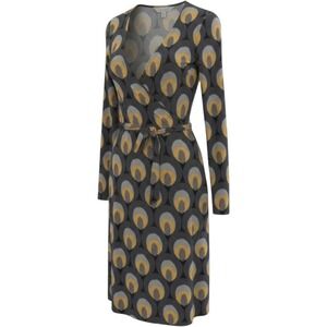 Boden Womens Grey Yellow Peacock Eye Print Jersey Long Sleeve Wrap Dress Size 8